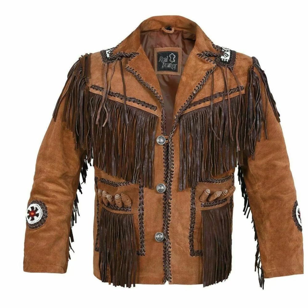 Men’s Brown Western Suede Leather Jacket with Fringe and Beadwork