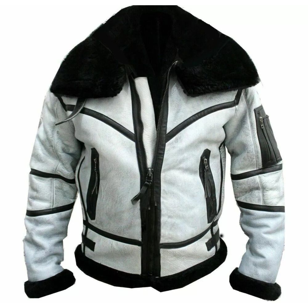 Men's White B3 RAF Aviator Fur Sheepskin Leather Bomber Jacket