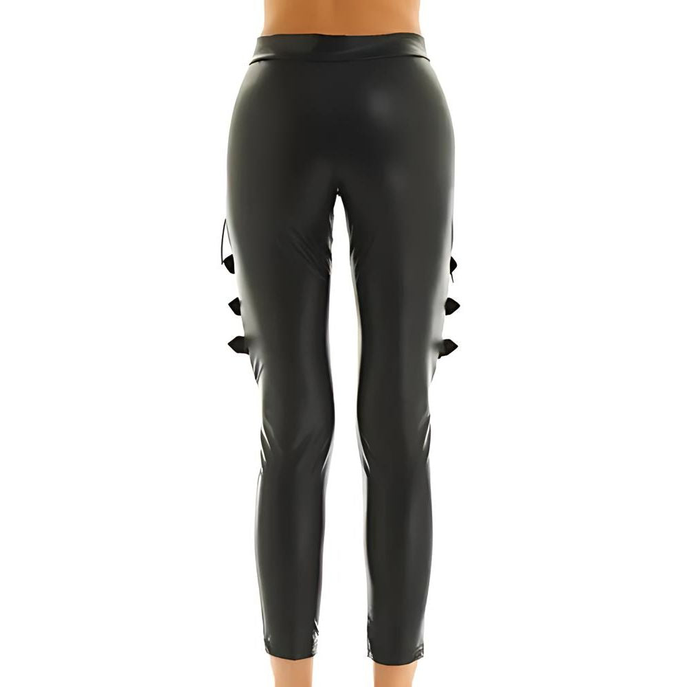 Women’s Black Cowhide Leather Pants - Lace-Up Wet Look Stretch Leggings