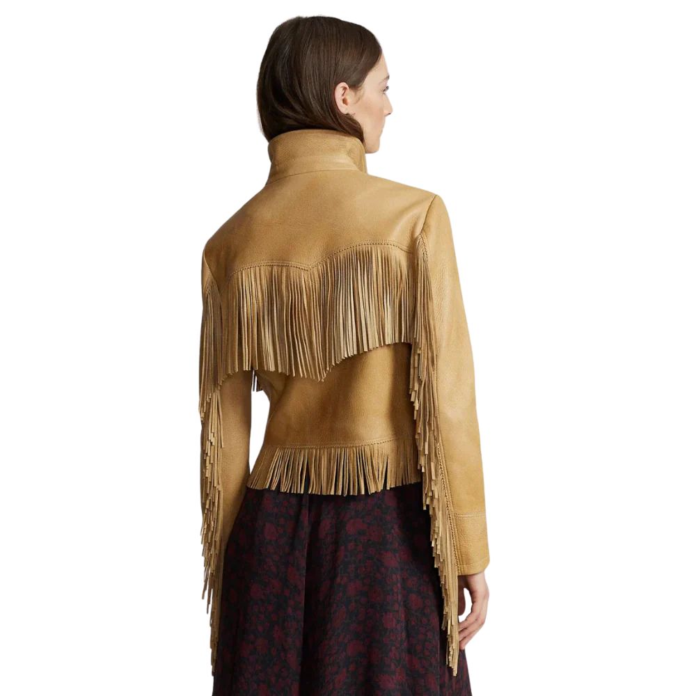 Women's Brown Western Sheepskin Leather Jacket with Fringe Accents – Cowgirl Style