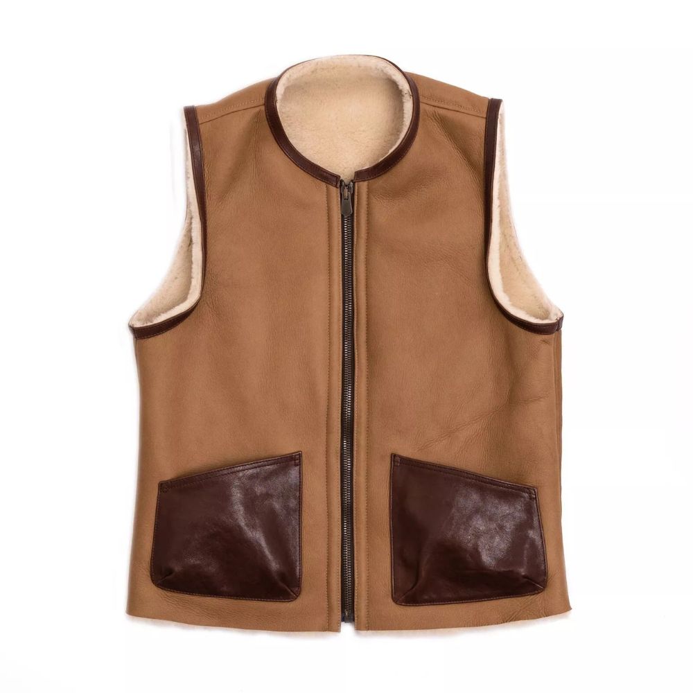 Men's Brown Suede Leather Vest Jacket with Faux Fur and Dual Pocket Design