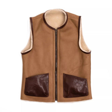 Men's Brown Suede Leather Vest Jacket with Faux Fur and Dual Pocket Design