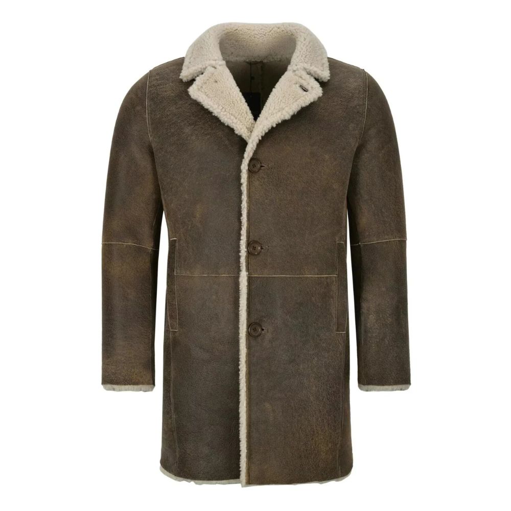 Men's Western Warm Genuine Leather Sheepskin Coat Trench Reefer Bane Overcoat