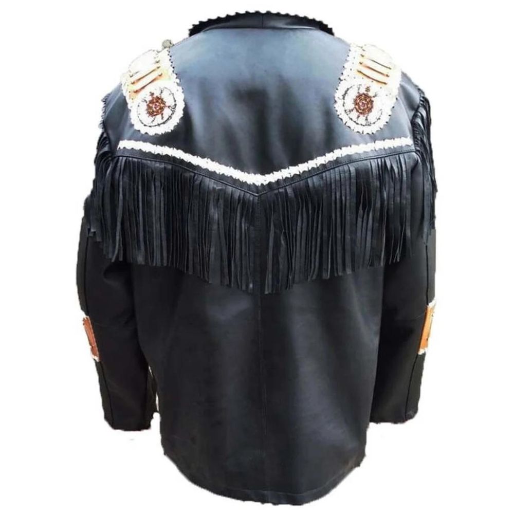 Men's Black Western Leather Jacket with Fringe and Handmade Beadwork