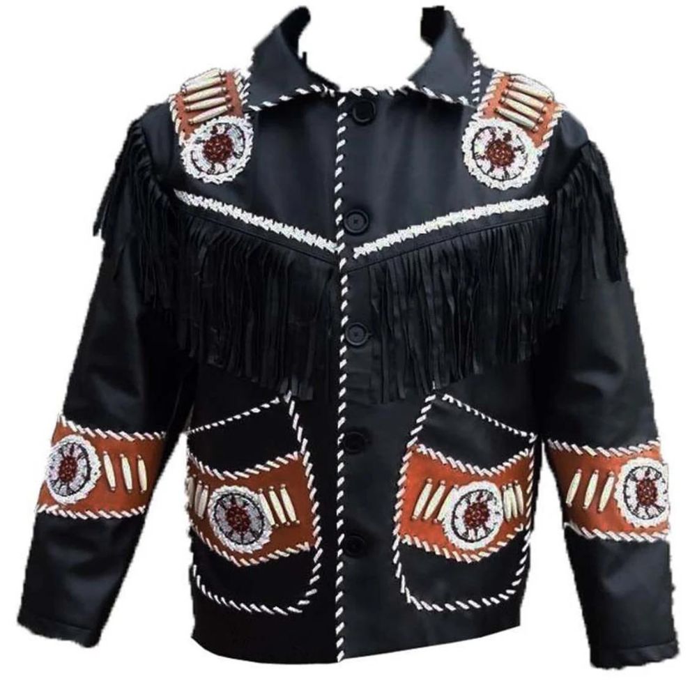 Men's Black Western Leather Jacket with Fringe and Handmade Beadwork