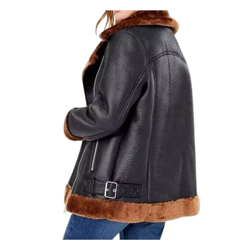 Women's Black Bomber Aviator Cowhide Leather Jacket with Fur Overcoat