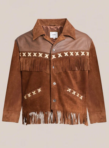 Men’s Western Brown Cowboy Suede Leather Fringe Jacket & X-Stitch & Cowhide Paneling