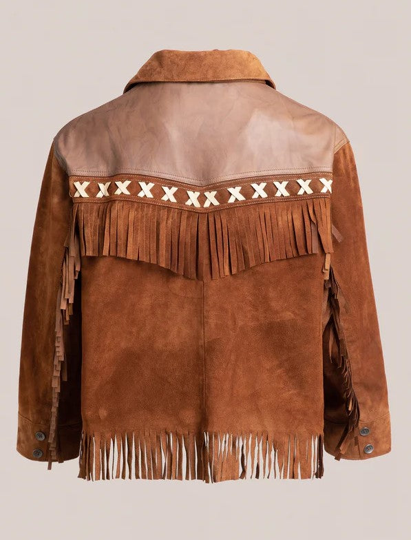 Men’s Western Brown Cowboy Suede Leather Fringe Jacket & X-Stitch & Cowhide Paneling